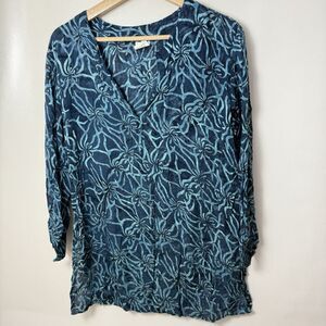 Womens Tunic Top Large Teal Blue Flowy Beachy Sheer Abstract Coastal Breezy Pool